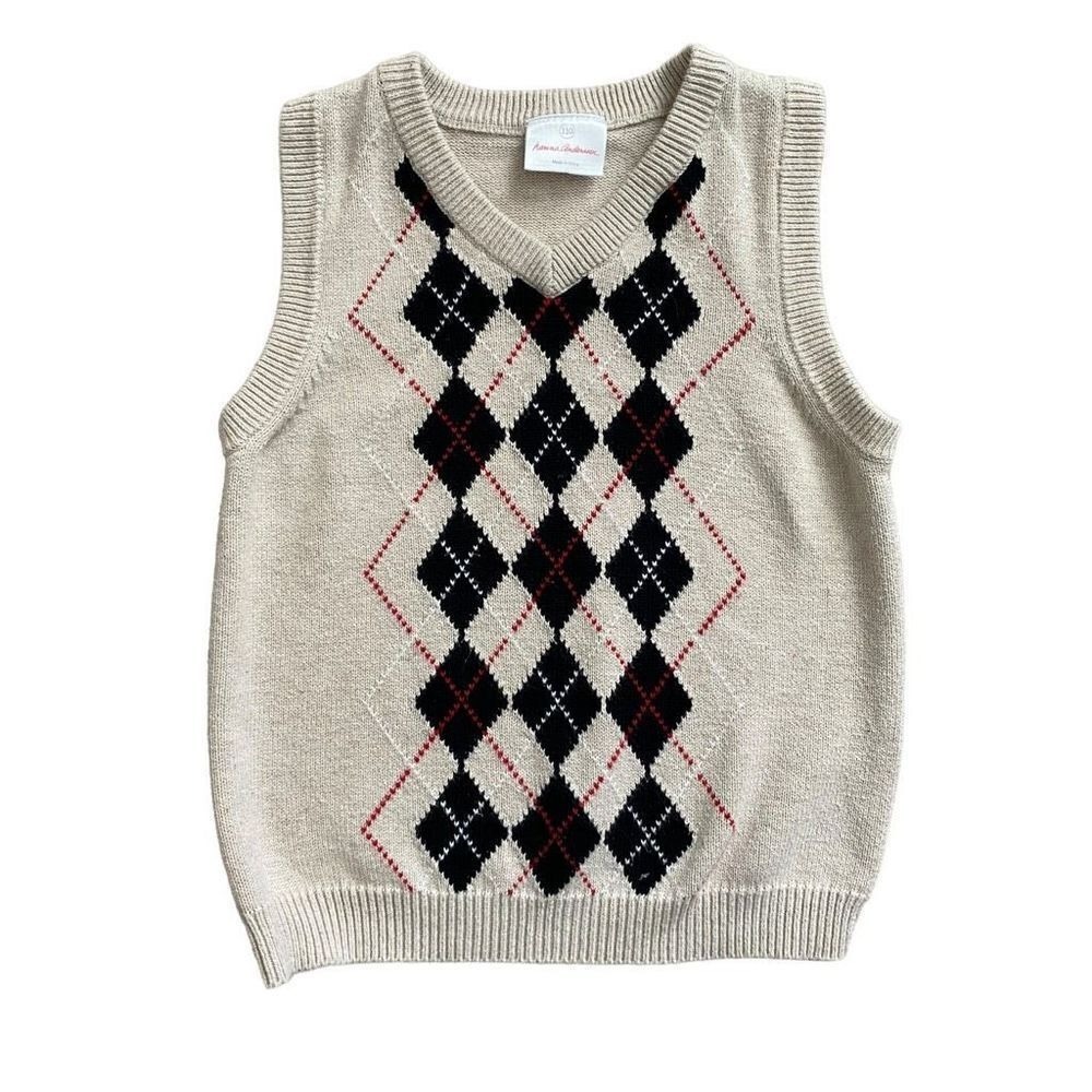 Hanna Andersson Sweater Vest Kids 110 Beige Argyle V-Neck Knit Sleeveless Top
